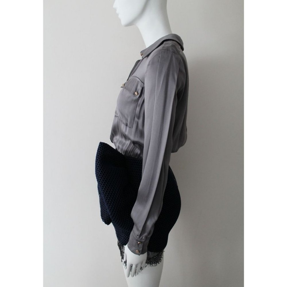 Self Portrait Silk Button Down Shirt Tulle Dress Size 0 Grey Blue Authentic - Picture 4 of 9